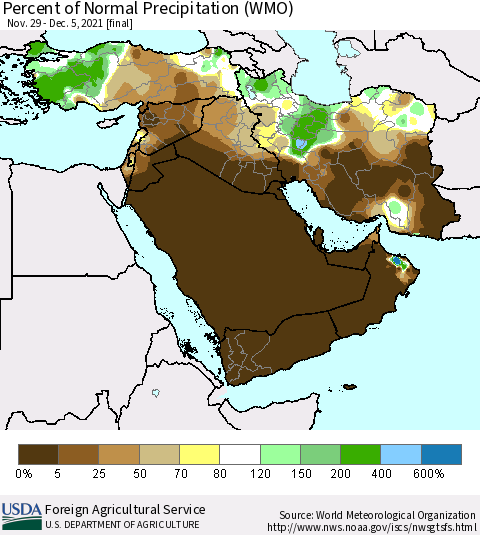 Middle East and Turkey Percent of Normal Precipitation (WMO) Thematic Map For 11/29/2021 - 12/5/2021