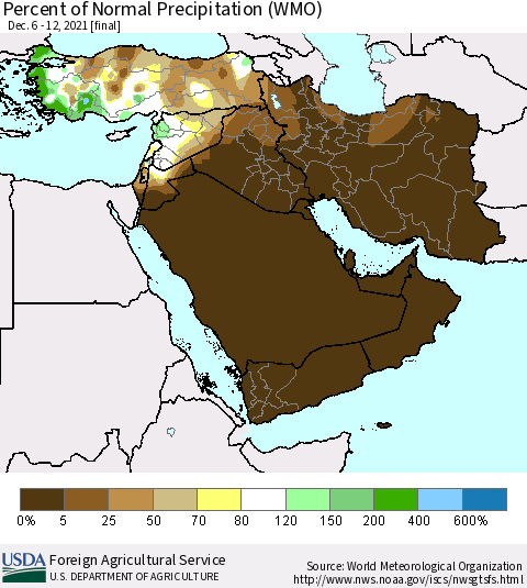 Middle East and Turkey Percent of Normal Precipitation (WMO) Thematic Map For 12/6/2021 - 12/12/2021