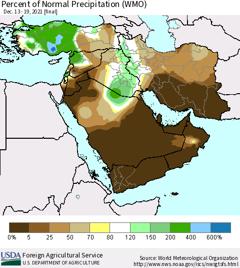Middle East and Turkey Percent of Normal Precipitation (WMO) Thematic Map For 12/13/2021 - 12/19/2021
