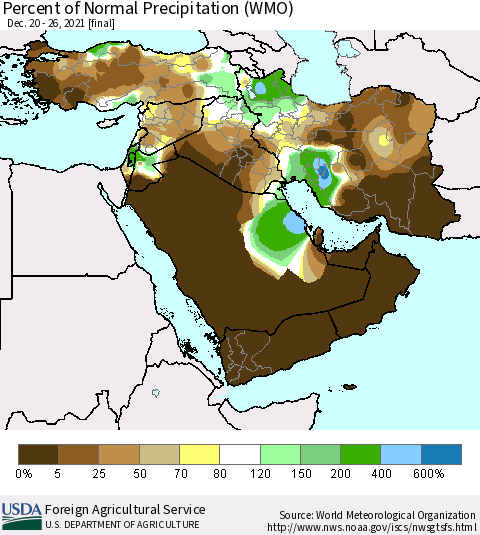 Middle East and Turkey Percent of Normal Precipitation (WMO) Thematic Map For 12/20/2021 - 12/26/2021
