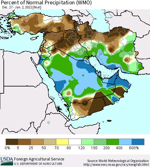 Middle East and Turkey Percent of Normal Precipitation (WMO) Thematic Map For 12/27/2021 - 1/2/2022