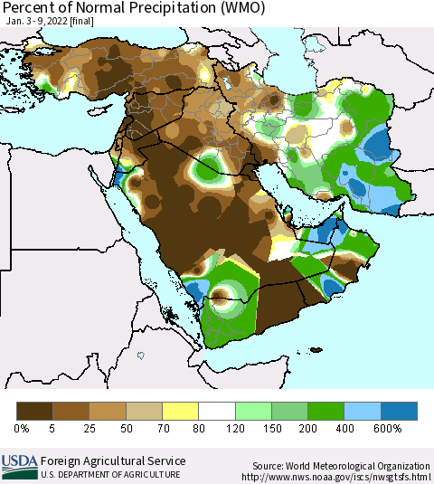 Middle East and Turkey Percent of Normal Precipitation (WMO) Thematic Map For 1/3/2022 - 1/9/2022