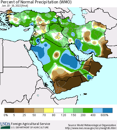 Middle East and Turkey Percent of Normal Precipitation (WMO) Thematic Map For 1/10/2022 - 1/16/2022