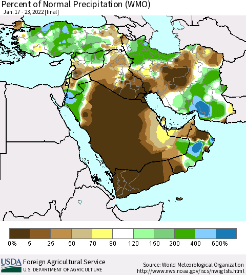 Middle East and Turkey Percent of Normal Precipitation (WMO) Thematic Map For 1/17/2022 - 1/23/2022