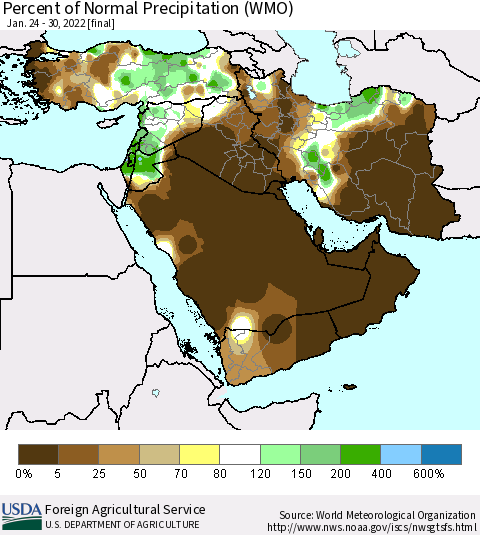Middle East and Turkey Percent of Normal Precipitation (WMO) Thematic Map For 1/24/2022 - 1/30/2022