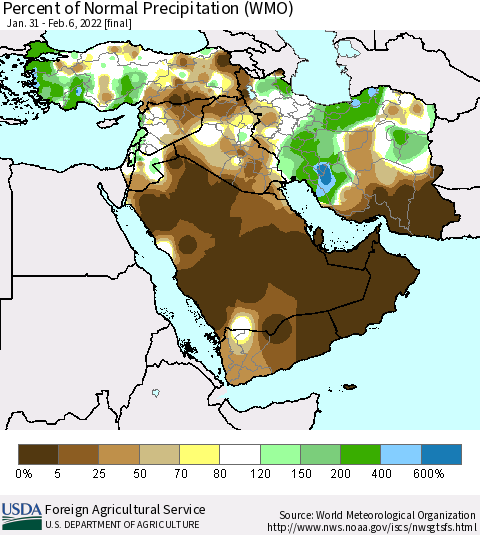 Middle East and Turkey Percent of Normal Precipitation (WMO) Thematic Map For 1/31/2022 - 2/6/2022