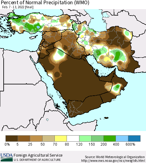 Middle East and Turkey Percent of Normal Precipitation (WMO) Thematic Map For 2/7/2022 - 2/13/2022