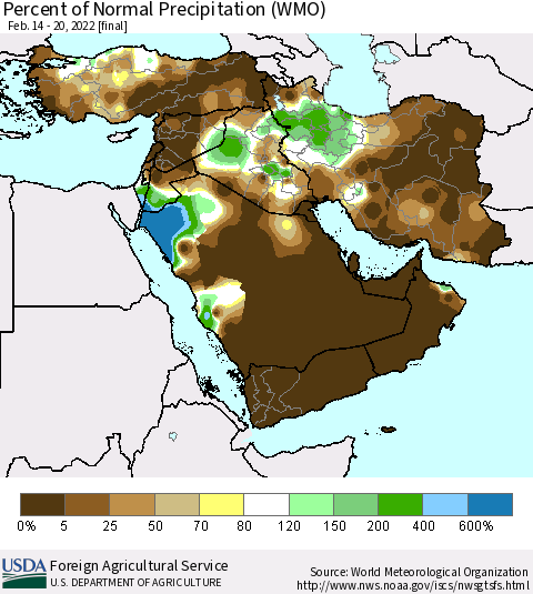 Middle East and Turkey Percent of Normal Precipitation (WMO) Thematic Map For 2/14/2022 - 2/20/2022