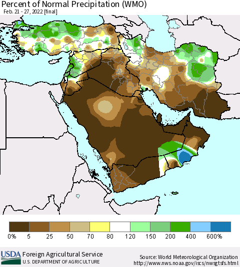 Middle East and Turkey Percent of Normal Precipitation (WMO) Thematic Map For 2/21/2022 - 2/27/2022
