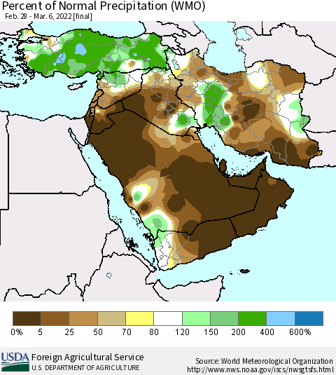 Middle East and Turkey Percent of Normal Precipitation (WMO) Thematic Map For 2/28/2022 - 3/6/2022