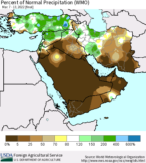 Middle East and Turkey Percent of Normal Precipitation (WMO) Thematic Map For 3/7/2022 - 3/13/2022