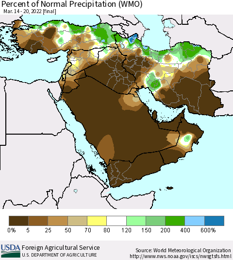 Middle East and Turkey Percent of Normal Precipitation (WMO) Thematic Map For 3/14/2022 - 3/20/2022