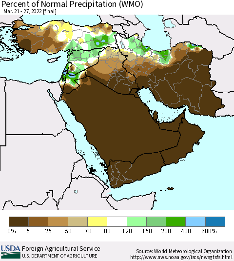Middle East and Turkey Percent of Normal Precipitation (WMO) Thematic Map For 3/21/2022 - 3/27/2022