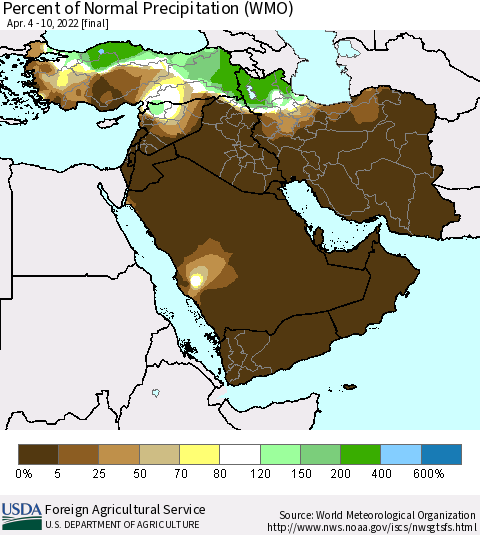 Middle East and Turkey Percent of Normal Precipitation (WMO) Thematic Map For 4/4/2022 - 4/10/2022