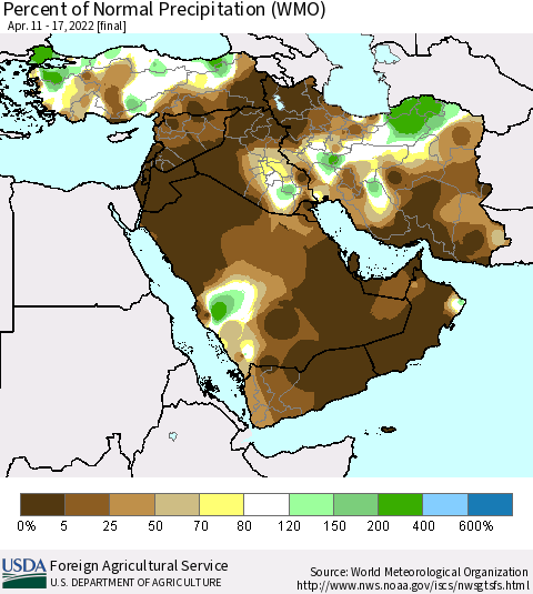 Middle East and Turkey Percent of Normal Precipitation (WMO) Thematic Map For 4/11/2022 - 4/17/2022