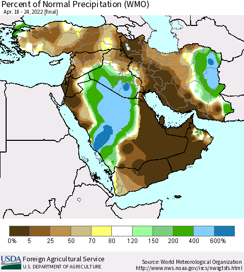 Middle East and Turkey Percent of Normal Precipitation (WMO) Thematic Map For 4/18/2022 - 4/24/2022
