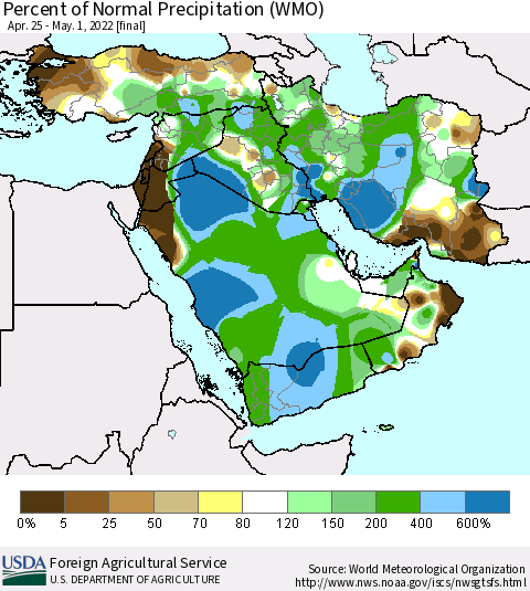 Middle East and Turkey Percent of Normal Precipitation (WMO) Thematic Map For 4/25/2022 - 5/1/2022