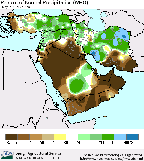 Middle East and Turkey Percent of Normal Precipitation (WMO) Thematic Map For 5/2/2022 - 5/8/2022