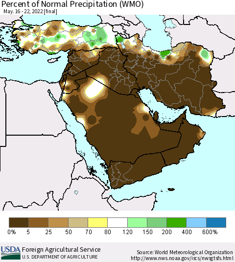 Middle East and Turkey Percent of Normal Precipitation (WMO) Thematic Map For 5/16/2022 - 5/22/2022