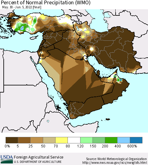 Middle East and Turkey Percent of Normal Precipitation (WMO) Thematic Map For 5/30/2022 - 6/5/2022