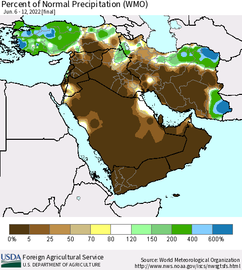 Middle East and Turkey Percent of Normal Precipitation (WMO) Thematic Map For 6/6/2022 - 6/12/2022