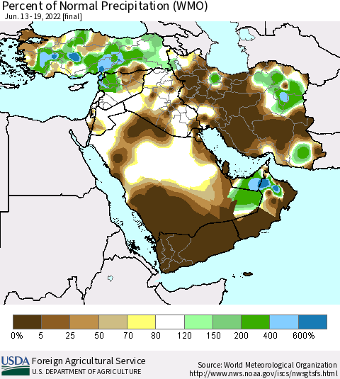 Middle East and Turkey Percent of Normal Precipitation (WMO) Thematic Map For 6/13/2022 - 6/19/2022