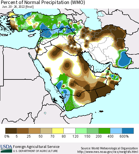 Middle East and Turkey Percent of Normal Precipitation (WMO) Thematic Map For 6/20/2022 - 6/26/2022