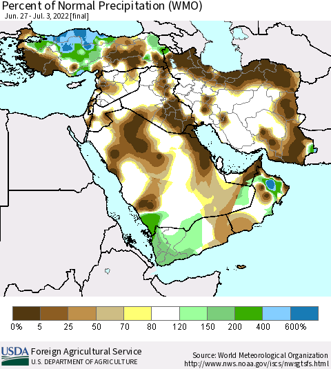 Middle East and Turkey Percent of Normal Precipitation (WMO) Thematic Map For 6/27/2022 - 7/3/2022