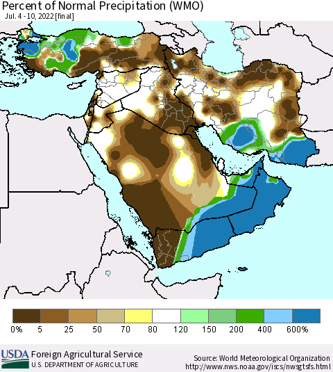 Middle East and Turkey Percent of Normal Precipitation (WMO) Thematic Map For 7/4/2022 - 7/10/2022
