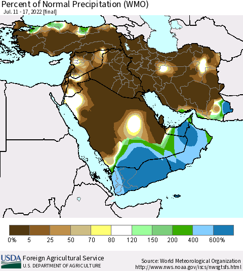 Middle East and Turkey Percent of Normal Precipitation (WMO) Thematic Map For 7/11/2022 - 7/17/2022