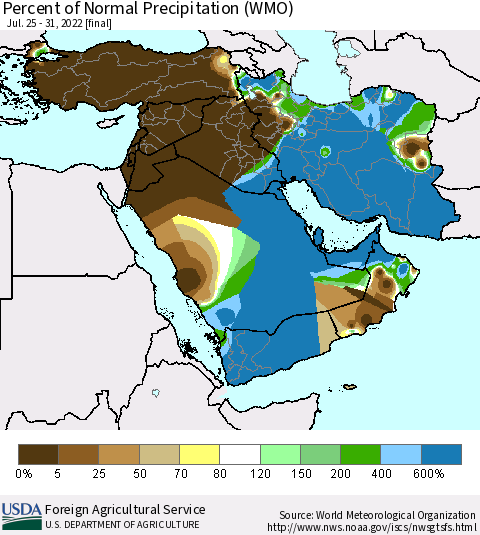 Middle East and Turkey Percent of Normal Precipitation (WMO) Thematic Map For 7/25/2022 - 7/31/2022