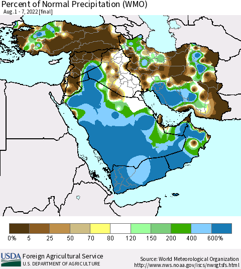 Middle East and Turkey Percent of Normal Precipitation (WMO) Thematic Map For 8/1/2022 - 8/7/2022