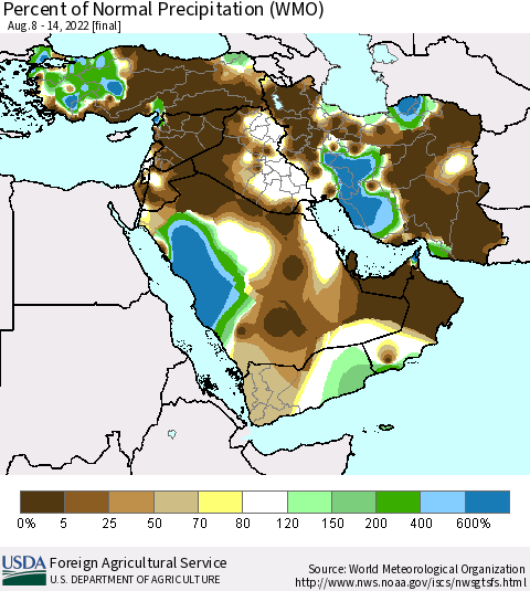 Middle East and Turkey Percent of Normal Precipitation (WMO) Thematic Map For 8/8/2022 - 8/14/2022