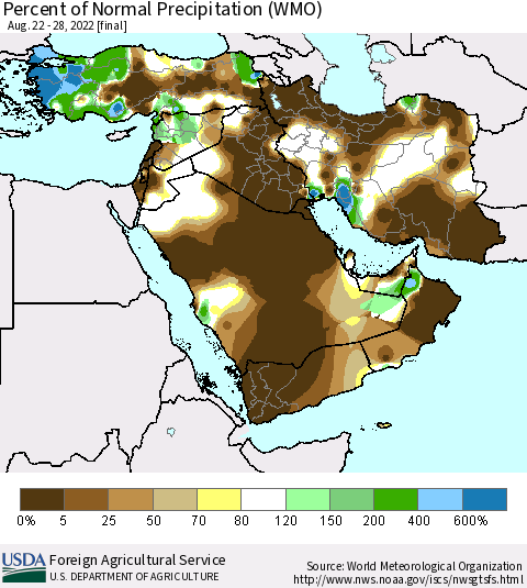 Middle East and Turkey Percent of Normal Precipitation (WMO) Thematic Map For 8/22/2022 - 8/28/2022