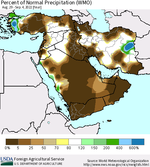 Middle East and Turkey Percent of Normal Precipitation (WMO) Thematic Map For 8/29/2022 - 9/4/2022