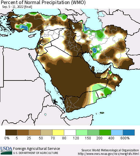 Middle East and Turkey Percent of Normal Precipitation (WMO) Thematic Map For 9/5/2022 - 9/11/2022
