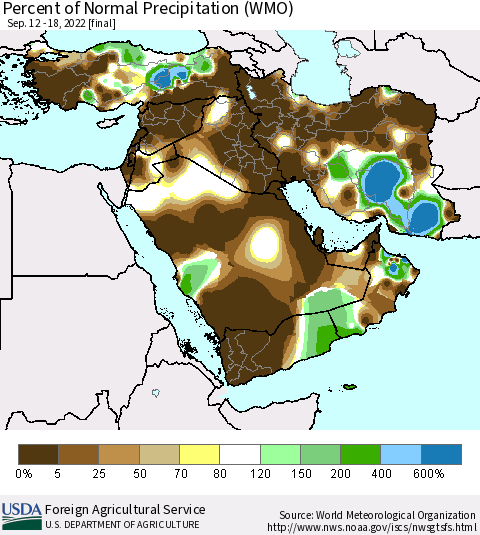 Middle East and Turkey Percent of Normal Precipitation (WMO) Thematic Map For 9/12/2022 - 9/18/2022