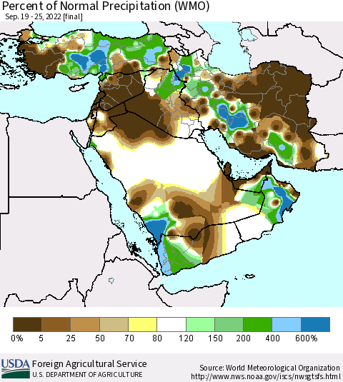 Middle East and Turkey Percent of Normal Precipitation (WMO) Thematic Map For 9/19/2022 - 9/25/2022