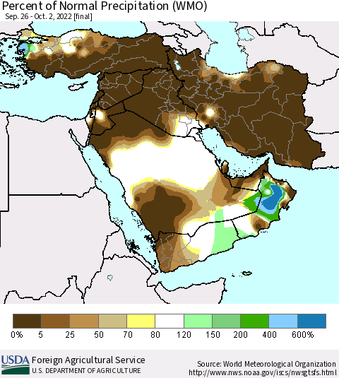Middle East and Turkey Percent of Normal Precipitation (WMO) Thematic Map For 9/26/2022 - 10/2/2022