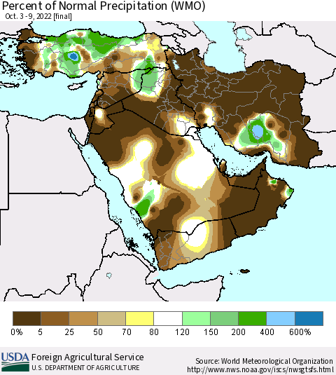 Middle East and Turkey Percent of Normal Precipitation (WMO) Thematic Map For 10/3/2022 - 10/9/2022