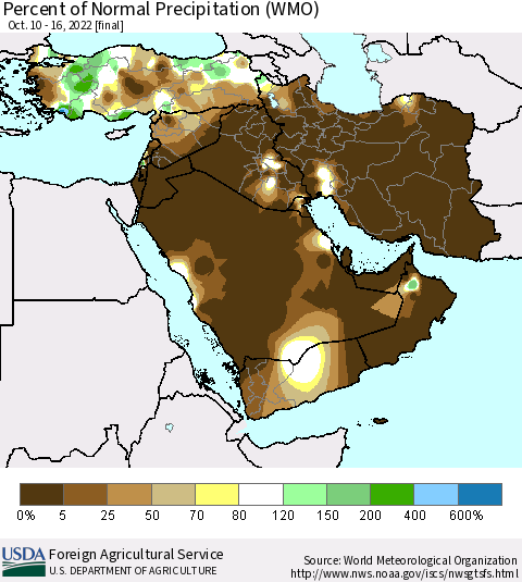 Middle East and Turkey Percent of Normal Precipitation (WMO) Thematic Map For 10/10/2022 - 10/16/2022