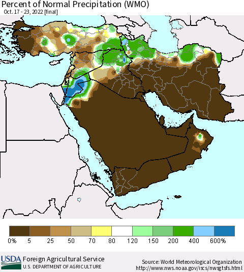 Middle East and Turkey Percent of Normal Precipitation (WMO) Thematic Map For 10/17/2022 - 10/23/2022