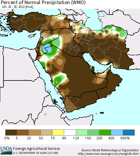 Middle East and Turkey Percent of Normal Precipitation (WMO) Thematic Map For 10/24/2022 - 10/30/2022