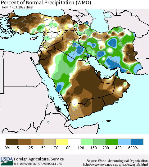 Middle East and Turkey Percent of Normal Precipitation (WMO) Thematic Map For 11/7/2022 - 11/13/2022