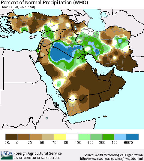 Middle East and Turkey Percent of Normal Precipitation (WMO) Thematic Map For 11/14/2022 - 11/20/2022