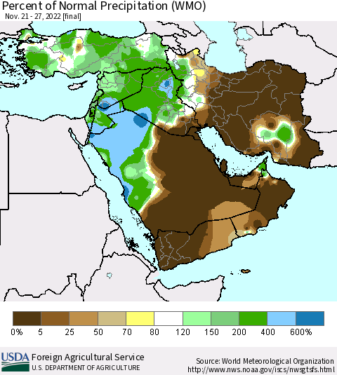 Middle East and Turkey Percent of Normal Precipitation (WMO) Thematic Map For 11/21/2022 - 11/27/2022