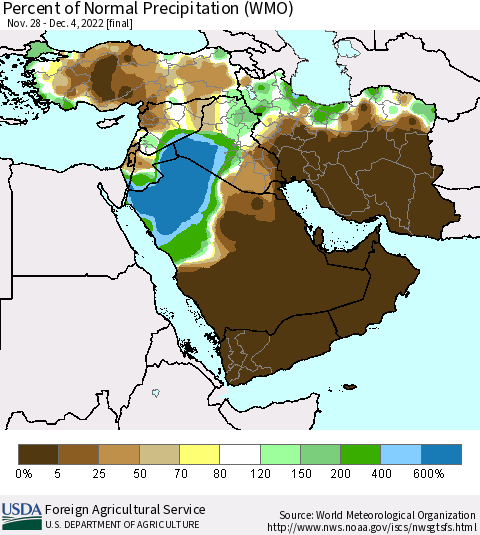 Middle East and Turkey Percent of Normal Precipitation (WMO) Thematic Map For 11/28/2022 - 12/4/2022