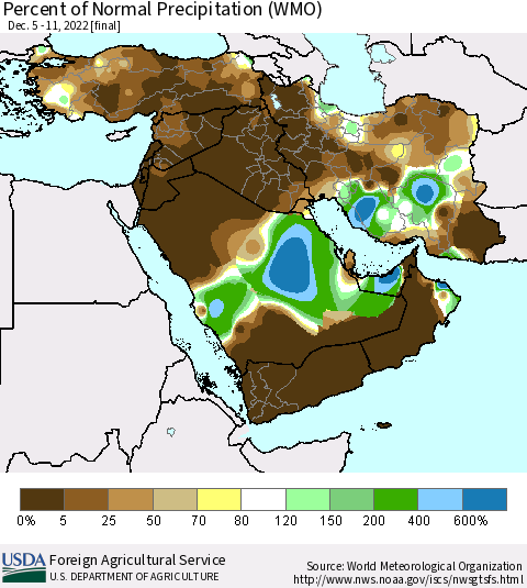 Middle East and Turkey Percent of Normal Precipitation (WMO) Thematic Map For 12/5/2022 - 12/11/2022