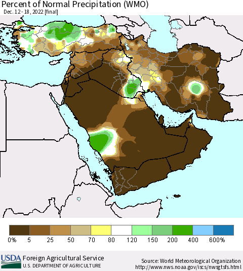 Middle East and Turkey Percent of Normal Precipitation (WMO) Thematic Map For 12/12/2022 - 12/18/2022