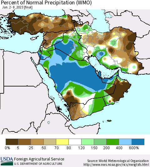 Middle East and Turkey Percent of Normal Precipitation (WMO) Thematic Map For 1/2/2023 - 1/8/2023
